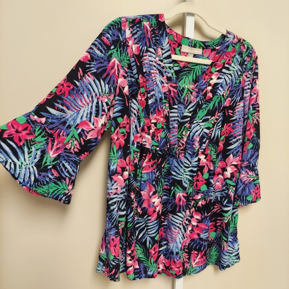 Woman Within Tropical Floral Rayon Blouse 14/16 M Resortwear Vacation Cruise